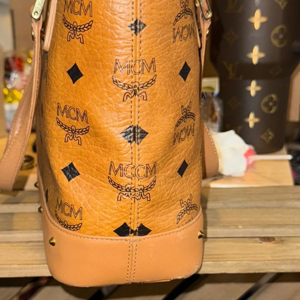 MCM Mini Cognac Leather Tote with Logo Pattern - Picture 5 of 16
